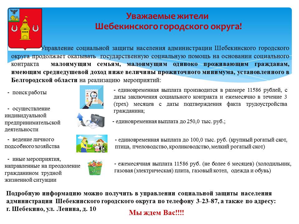 УПРАВЛЕНИЕ СОЦИАЛЬНОЙ ЗАЩИТЫ НАСЕЛЕНИЯ АДМИНИСТРАЦИИ ШЕБЕКИНСКОГО ГОРОДСКОГО ОКРУГА ПРОДОЛЖАЕТ ОКАЗЫВАТЬ ГОСУДАРСТВЕННУЮ СОЦИАЛЬНУЮ ПОМОЩЬ НА ОСНОВАНИИ СОЦИАЛЬНОГО КОНТРАКТА.